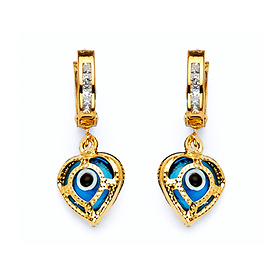 CZ Heart Evil Eye Drop Earrings in 14K Yellow Gold
