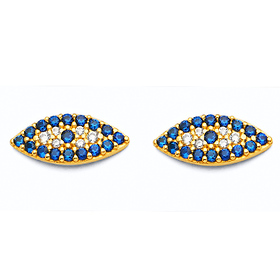 Blue CZ Evil Eye Stud Earrings in 14K Yellow Gold