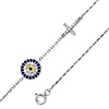 Blue CZ Round Evil Eye & Cross Charm Bracelet - 14K White Gold