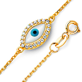 Floating CZ Evil Eye Charm Link Bracelet - 14K Yellow Gold