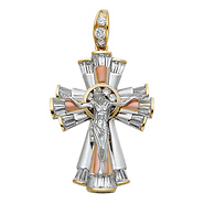 Iced Triple Tapered Crucifix Pendant in 14K TriGold - Large
