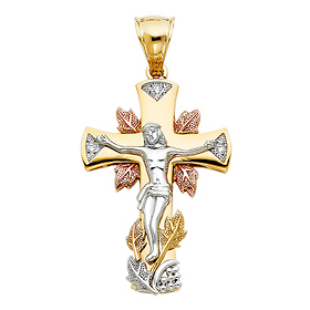 CZ Ornate Leaves Crucifix Pendant in 14K TriGold XXL