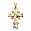 CZ Ornate Leaves Crucifix Pendant in 14K TriGold XXL