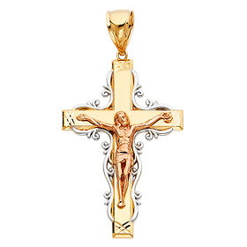 White Filigree-Edge Crucifix Pendant in 14K Two-Tone Gold - Large