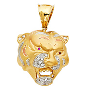 Large Roaring Face Tiger Pendant CZ in 14K TriGold