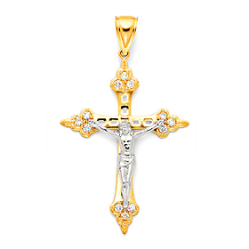 Tapered Budded Crucifix Pendant with CZ Accents in 14K Two-Tone Gold XL