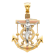 CZ Accented Mariner's Cross Crucifix Pendant in 14K TriGold - XL