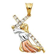 CZ Jesus Carrying Cross Crucifix Pendant in 14K TriGold - Medium