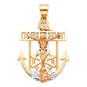 Heart Mariner's Cross Anchored Crucifix Pendant in 14K Yellow & Rose Gold - Medium