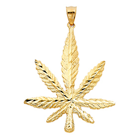 XL Diamond-Cut Marijuana Leaf Pendant in 14K Yellow Gold