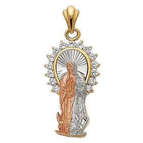 Our Lady of Guadalupe with CZ Halo Pendant - 14K TriGold - Medium