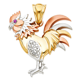 CZ Accented Rooster Pendant in 14K Tricolor Gold