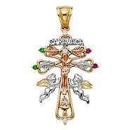 Ornate CZ Open Scroll 'CARAVACA' Crucifix Pendant in 14K TriGold