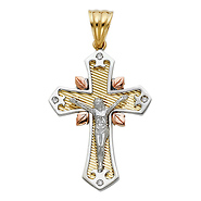 Fancy Tapered Crucifix Pendant with CZ & Leaf Accents in 14K TriGold - Large
