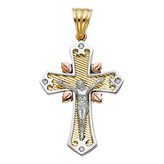 Fancy Tapered Crucifix Pendant with CZ & Leaf Accents in 14K Tricolor Gold - Large