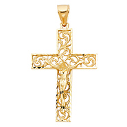 Scrolling Ivy Diamond-Cut Crucifix Pendant in 14K Yellow Gold - Large