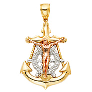 Large Greek Key Mariner's Cross Crucifix Pendant in 14K TriGold