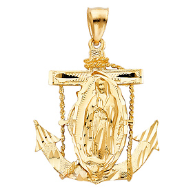 Diamond-Cut Our Lady of Guadalupe Mariner's Cross in 14K Yellow Gold - Medium