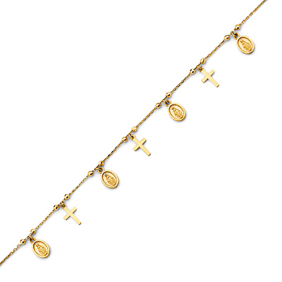 Cross & Our Lady of Guadalupe Medal Charm Bracelet in 14K Yellow Gold Solid