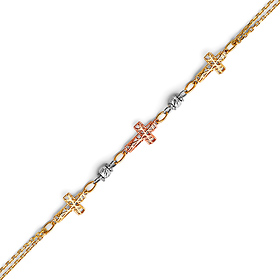 Tri Open-Cut Sidways Cross Bracelet in 14K Tricolor Gold Solid
