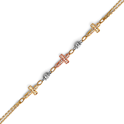 Tri Open-Cut Sidways Cross Bracelet in 14K Tricolor Gold Solid