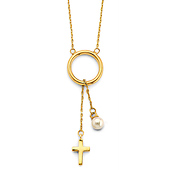 Christian Cross Pearl Lariat Necklace - 14K Yellow Gold Solid