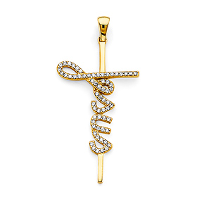CZ 'Jesus' Cross in 14K Yellow Gold Solid