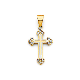 CZ Budded Double Cross Pendant in 14K Yellow Gold Solid