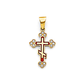 Red Orthodox Budded Cross Pendant in 14K Yellow Gold Solid