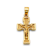 Wide Concave Textured Crucifix in 14K Yellow Gold Solid