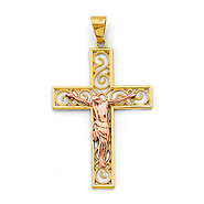 Open Scroll Latin Crucifix Pendant in 14K Two-Tone Gold Solid - Medium