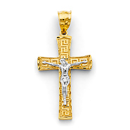 Greek Key Byzantine Crucifix Pendant in 14K Two-Tone Gold Solid