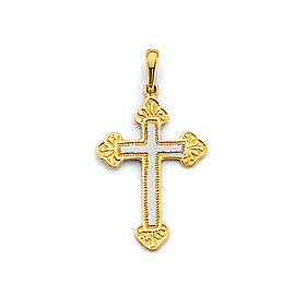 Elegant White Center Budded Cross Pendant in 14K Two-Tone Gold Solid