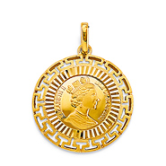 Queen Elizabeth II Greek Key Round Pendant in 14K Yellow Gold - Small
