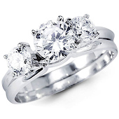 14K White Gold Three Stone CZ Wedding Ring Set