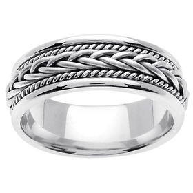 7mm Woven Cord Raised Braided Men's Wedding Band - 14K White Gold