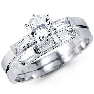 DISCONTINUED 14K White Gold Round CZ Engagement Ring Set with Baguette Side Stones