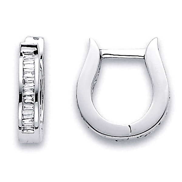 14K White Gold Baguette Cut Diamond Huggie Earrings .19ctw Slide 0