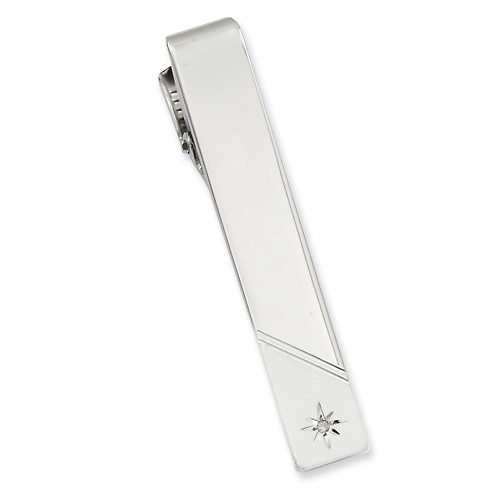 Diamond Accent Tie Bar - Rhodium Plated Slide 0