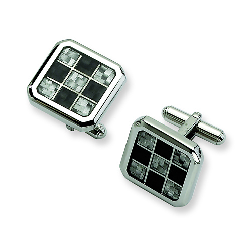 Checkered Stainless Steel Black & Grey Carbon Fiber Cuff Links Slide 0