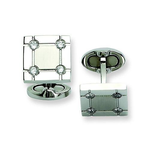 Stainless Steel Square CZ Polished Cuff Links Slide 0