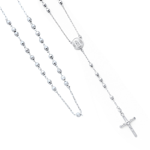 4mm Mirrorball Bead Our Lady of Guadalupe Rosary Necklace in 14K White Gold 26in Slide 0
