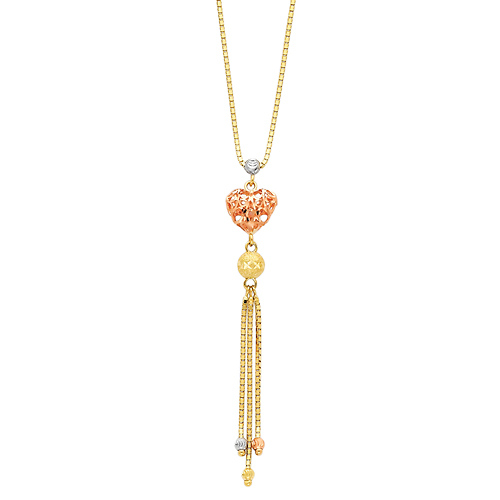 Heart Charm Box Link Hanging 14K Tricolor Gold Tassel Necklace Slide 0