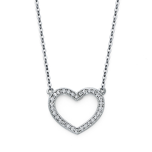 14K White Gold CZ Open Heart Pendant Necklace Slide 0