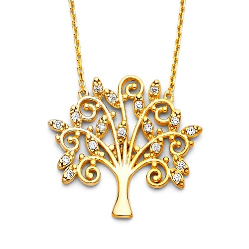 Whimsical Tree of Life Pendant Necklace with CZs in 14K Yellow Gold Slide 0