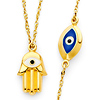 Hollow Hamsa and Floating Evil Eye Necklace in 14K Yellow Gold 17in thumb 0