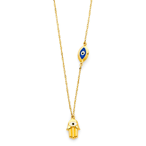 Hollow Hamsa and Floating Evil Eye Necklace in 14K Yellow Gold 17in Slide 1