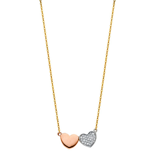 Floating CZ Duo Hearts Pendant Necklace in 14K TriGold Slide 1