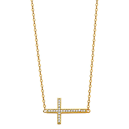 Floating Sideways Cross Necklace with Micropave CZs in 14K Yellow Gold Slide 1