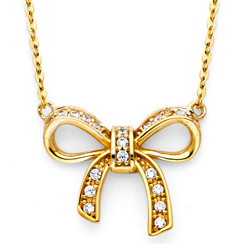 14K Yellow Gold CZ Floating Ribbon Bow Necklace Slide 0